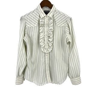 Vintage Wrangler Ruffle Frame Shirt Womens Size 12 White Blue Stripe Cowgirl